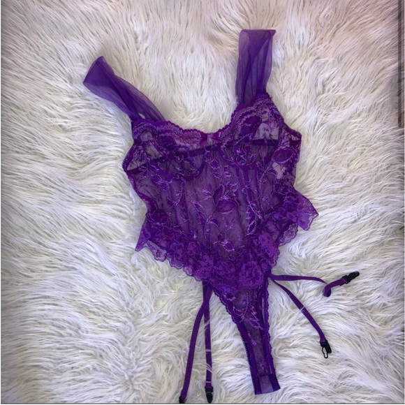 Vintage 80s High Cut Purple Lace Pinup Body Suit Teddy - Picture 4 of 9